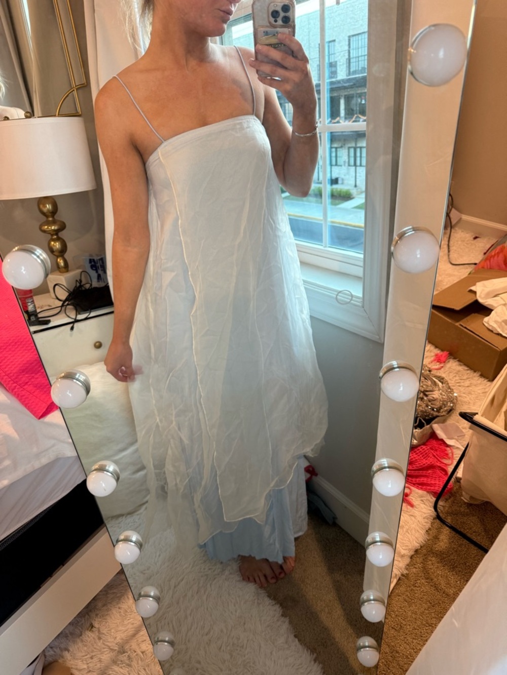 Light Blue Layered Chiffon Spaghetti-Strap Dress